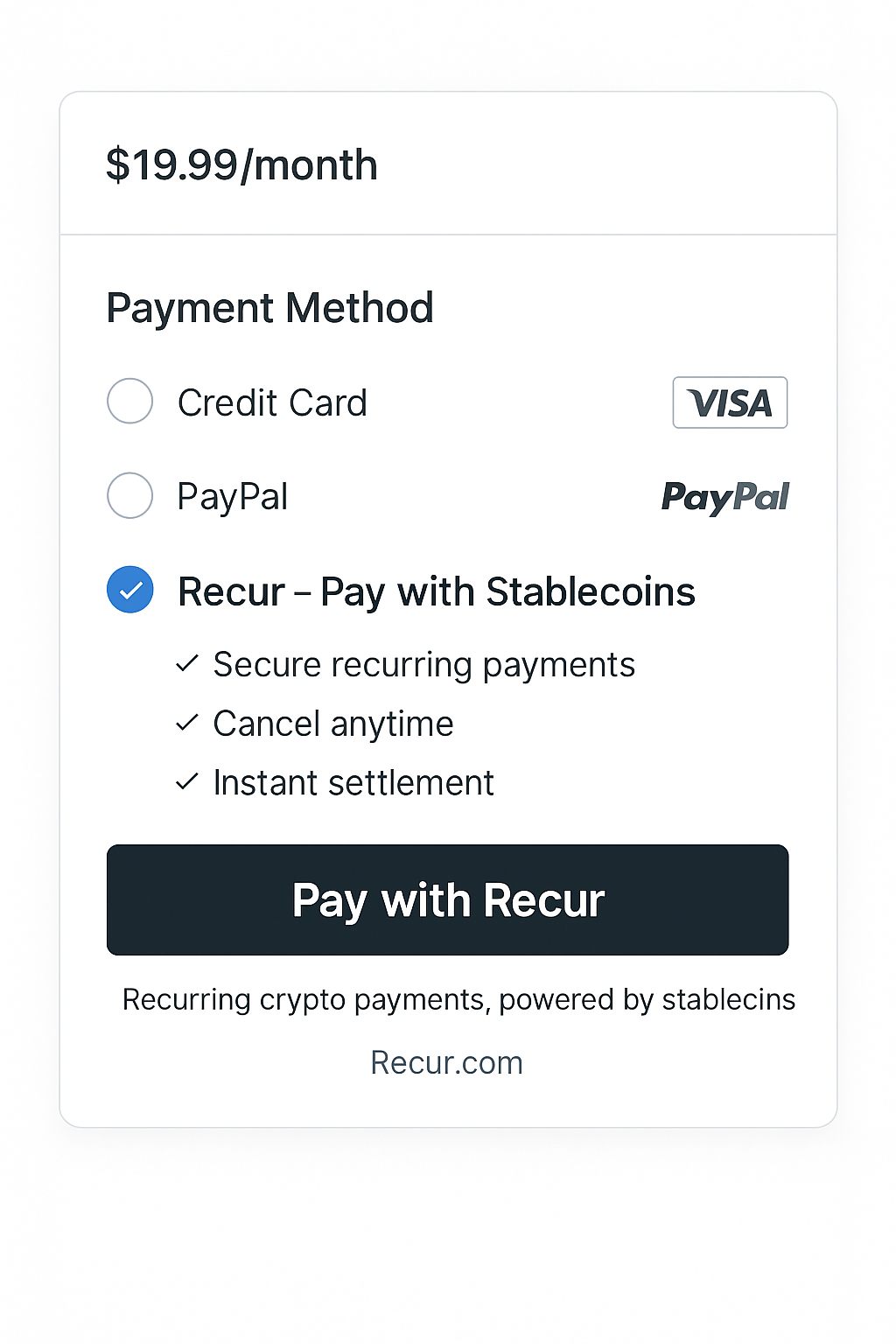Checkout mock: Pay with Recur — stablecoin subscriptions